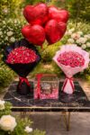 CAKE WITH ACRYLIC BOX ORBIGGEST BOUQUETS OR BALOONS